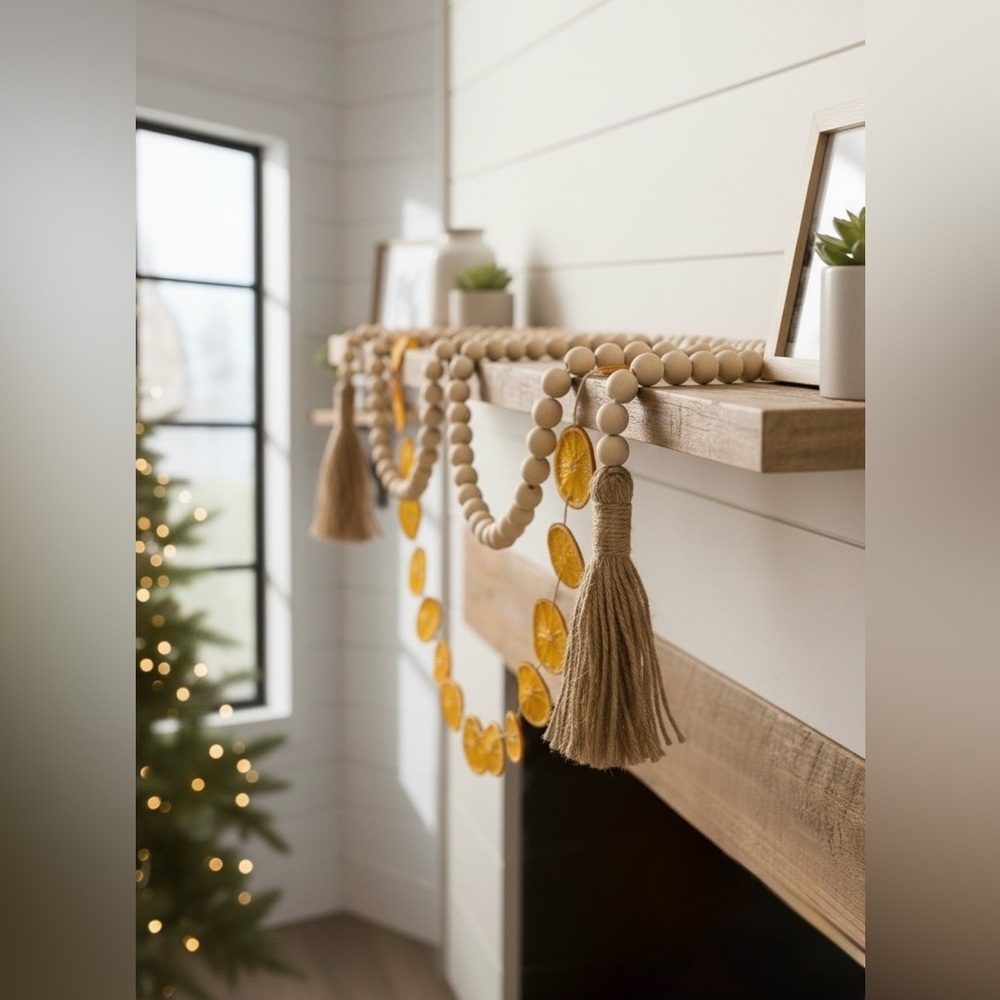 Handmade Wood Bead Garland |  58” Boho Farmhouse Tassel Decor | Gift Ready